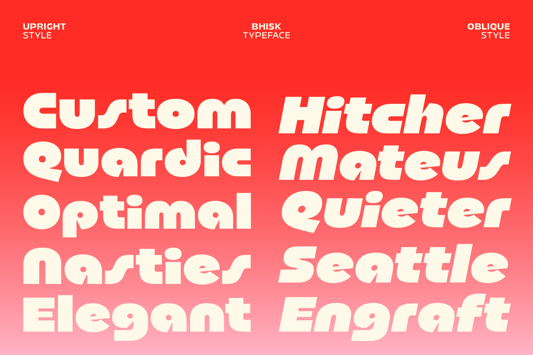 Bhisk typeface showing upright, oblique, plus italic variations on red gradient background