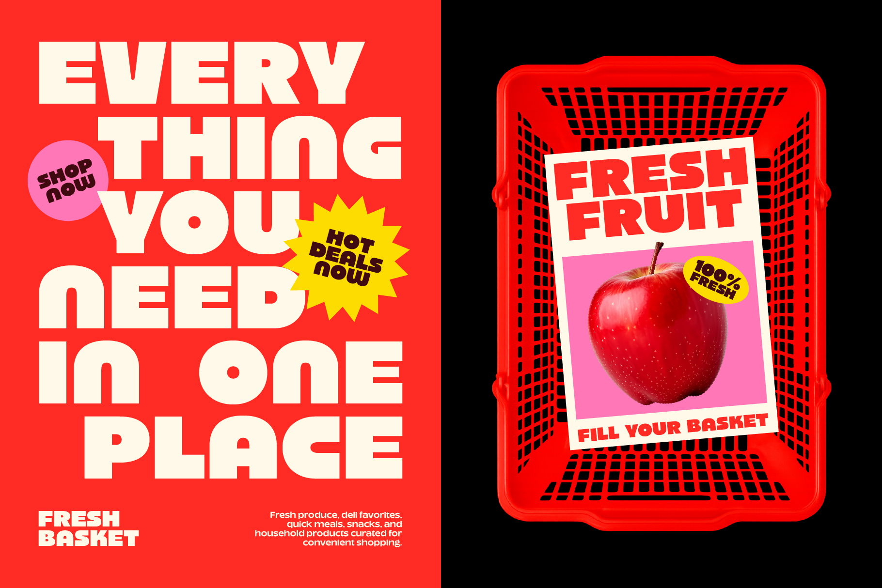 Bold red grocery store poster mockup with retro shopping basket design featuring fresh fruit