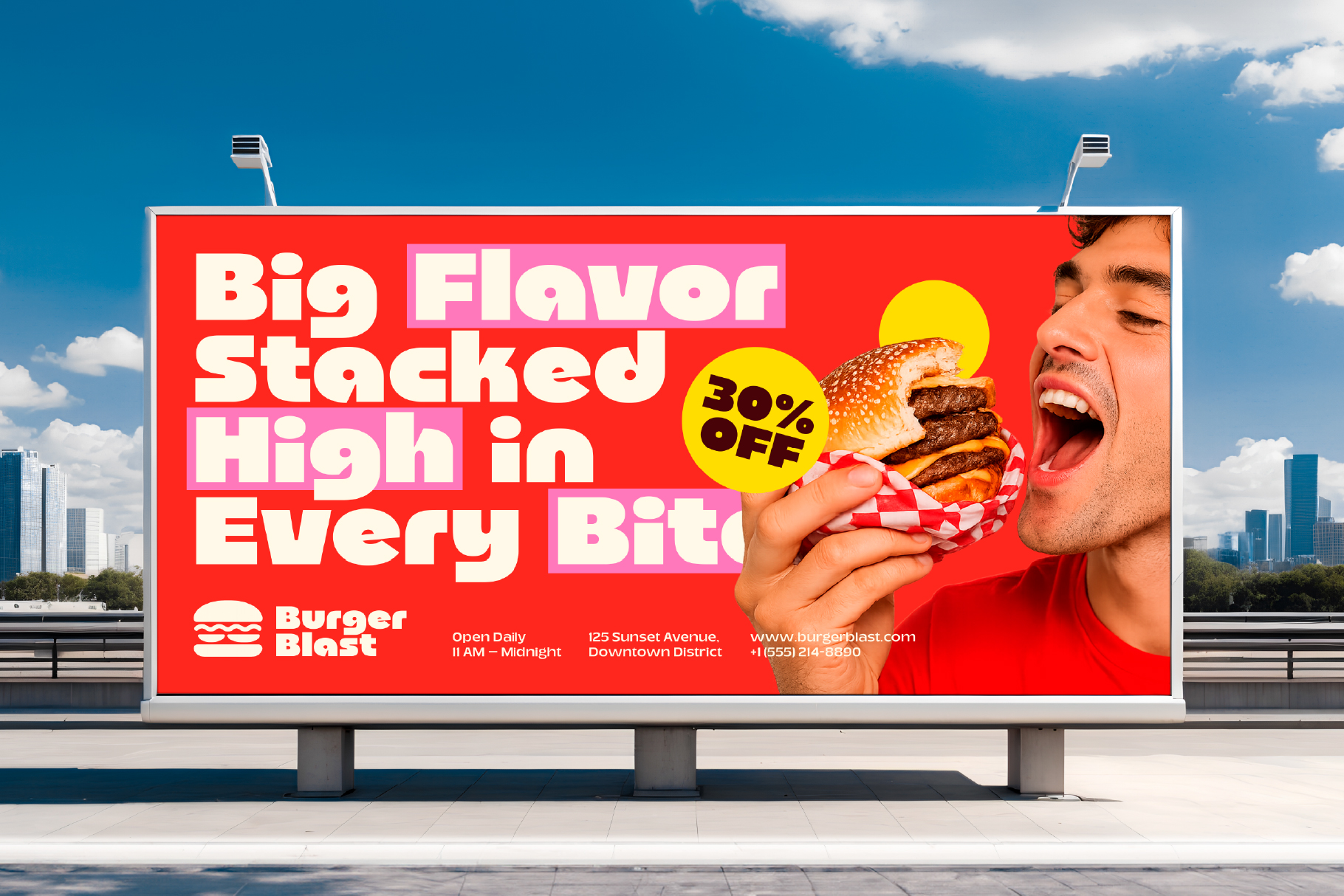 Bright red billboard mockup with guy eating stacked burger, 30% off promo for Burger Blast restaurant