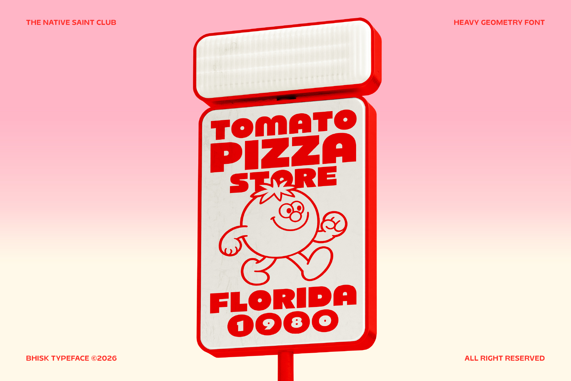 Retro pizza shop sign mockup with red bold geometry font on pink background