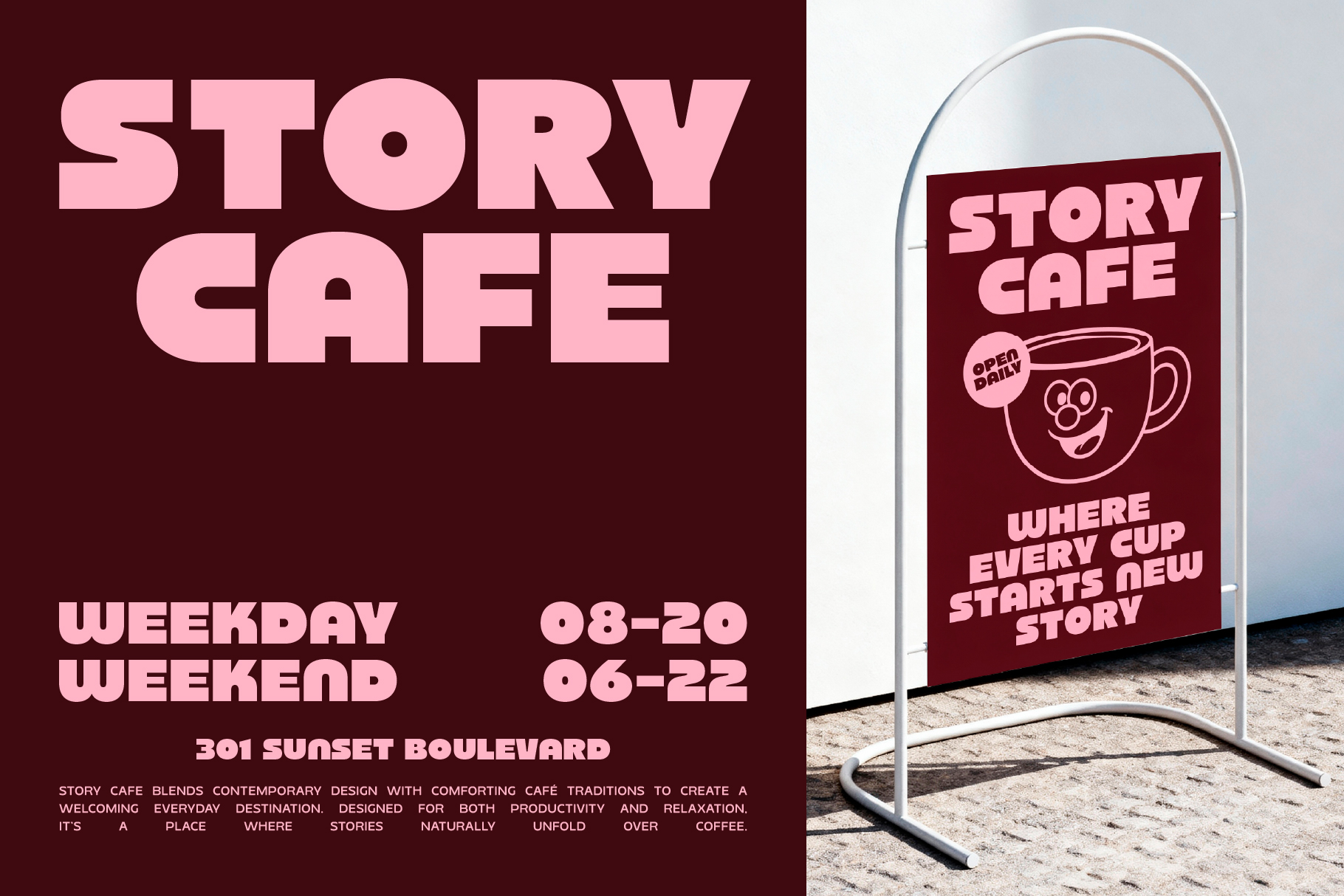 Retro cafe signage mockup with pink typography on burgundy background, outdoor sandwich board display