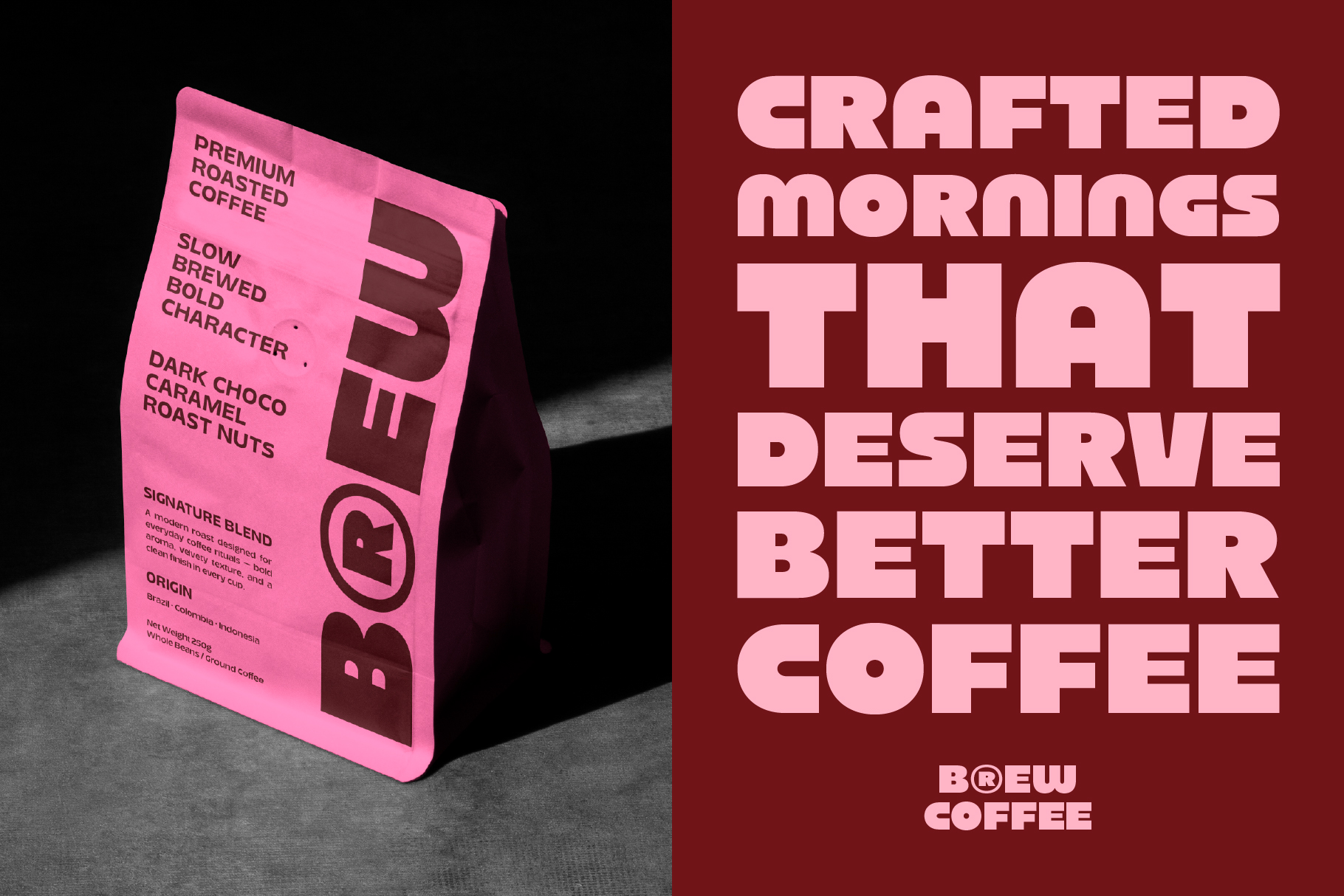 Bright pink coffee bag mockup with dark brown accents, bold typography on maroon background