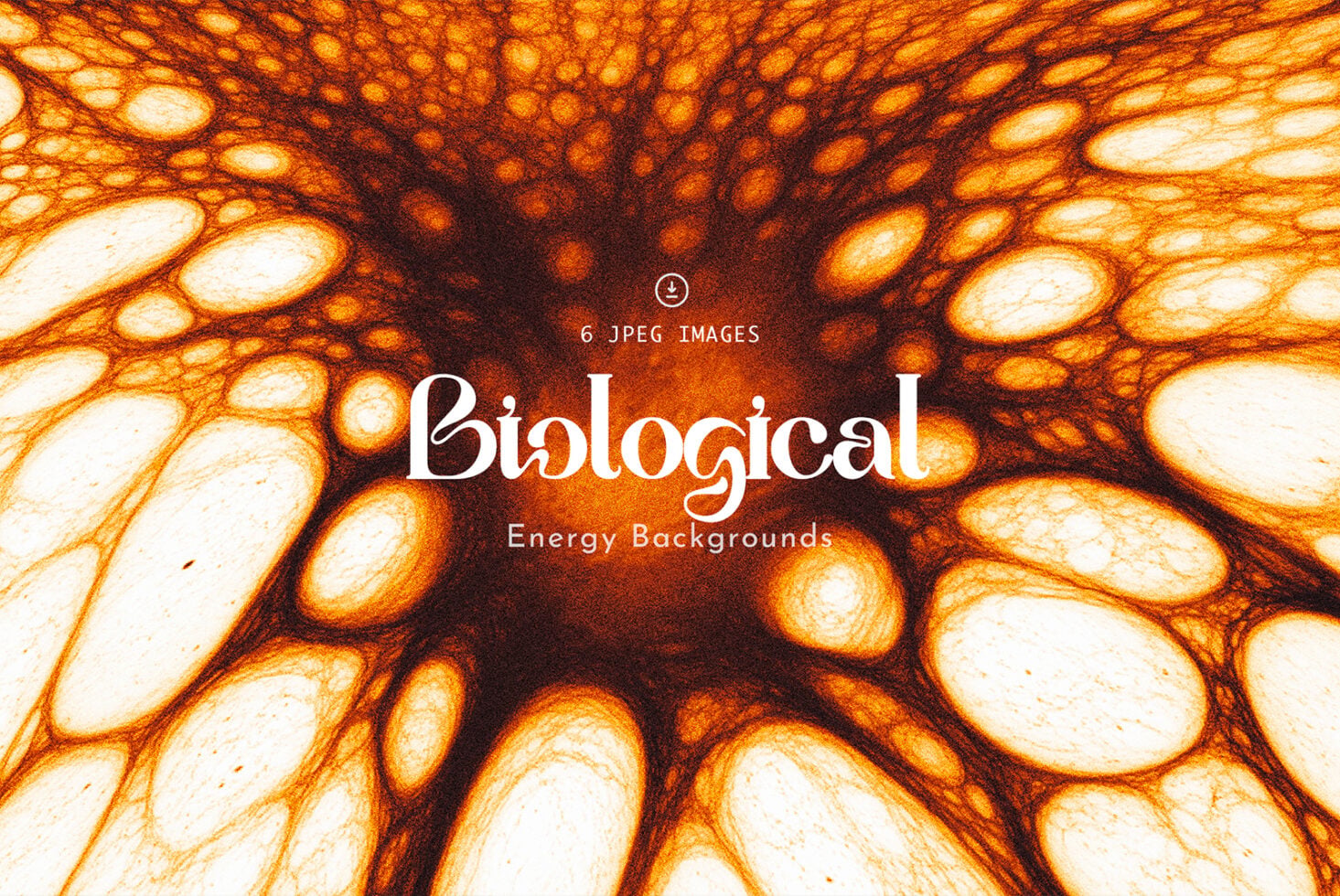 Glowing cellular texture with warm orange tones, six JPEG background images for biotech designs