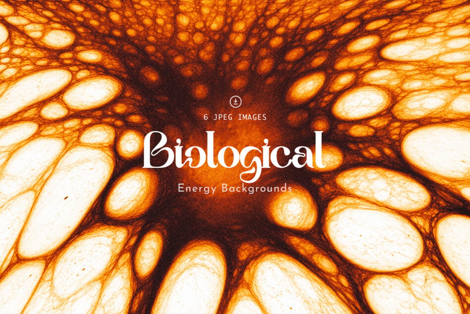 Glowing cellular texture with warm orange tones, six JPEG background images for biotech designs