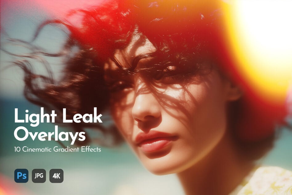 Light leak overlays with cinematic gradients in red, yellow, teal for photos, videos, design work