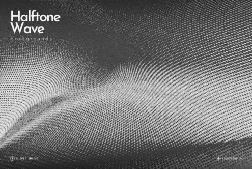 Grayscale halftone dot pattern flowing in wavy motion across dark textured surface