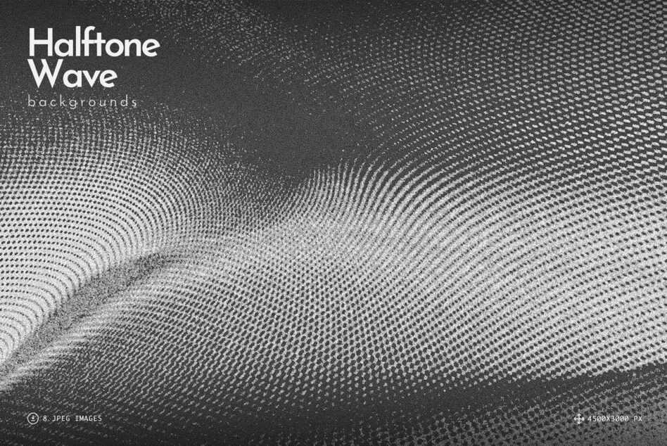 Grayscale halftone dot pattern flowing in wavy motion across dark textured surface