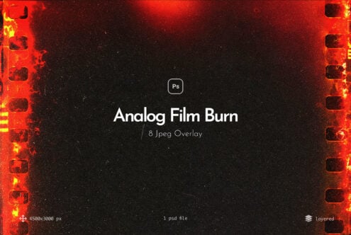 Analog Film Burn overlay pack with glowing red film strip edges, 8 Jpeg textures for that vintage burned film look