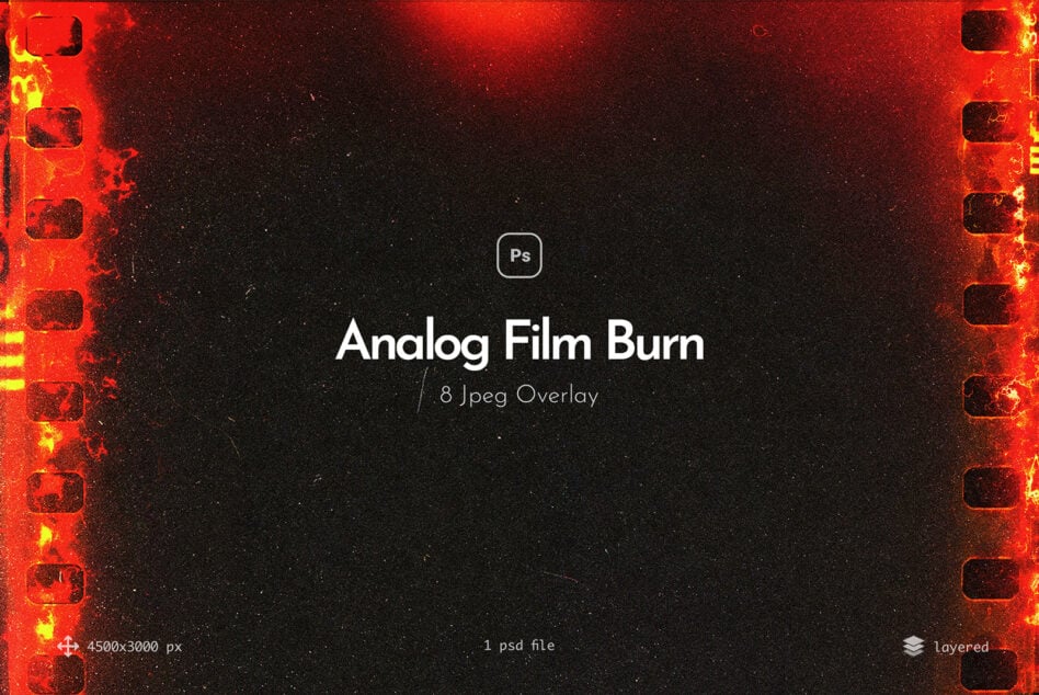 Analog Film Burn overlay pack with glowing red film strip edges, 8 Jpeg textures for that vintage burned film look