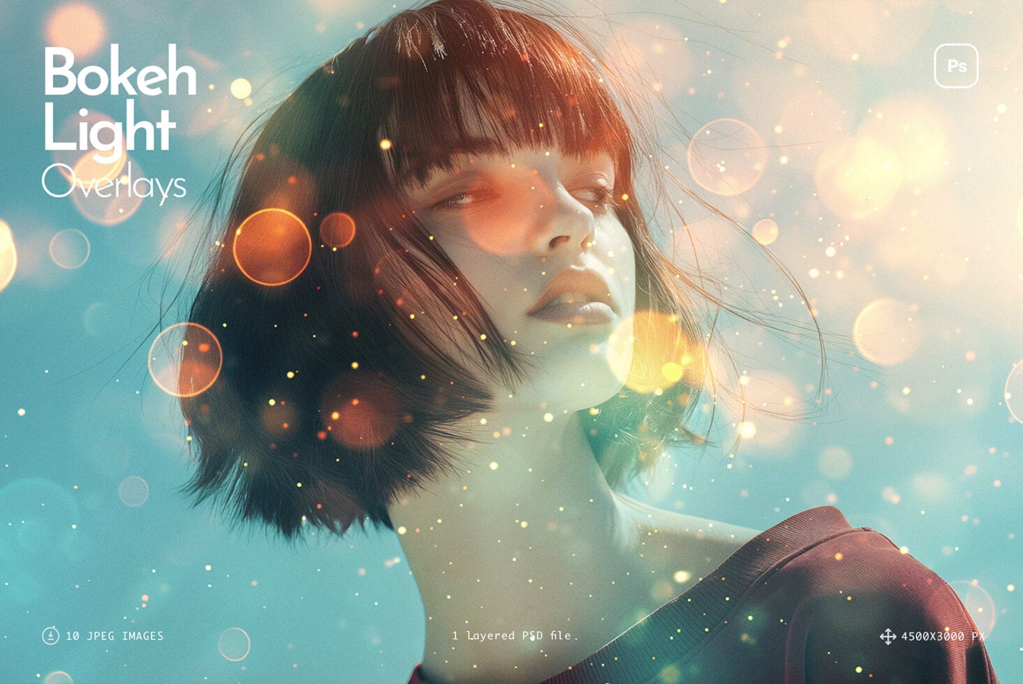 Woman's profile with soft bokeh light circles in warm gold tones against cool turquoise background