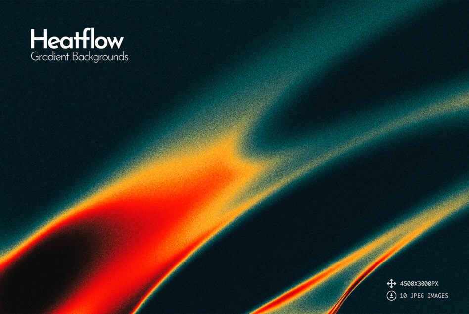 Heatflow gradient backgrounds with fiery red, orange, yellow streaks flowing diagonally across dark teal