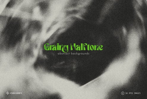 Grainy Halftone abstract backgrounds with green title text over pixelated monochrome patterns