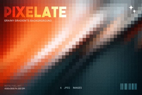 Pixelated gradient background transitioning from hot orange to dark teal with retro color blocks