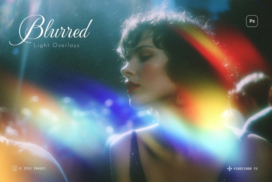 Blurred light overlays with rainbow prism leaks on dreamy portrait photography