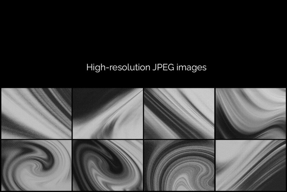 Eight grayscale liquid swirl textures with organic flowing patterns in high resolution