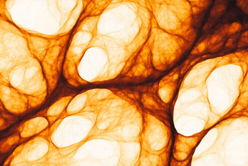 Glowing amber organic texture with white circular voids, fluid veins throughout