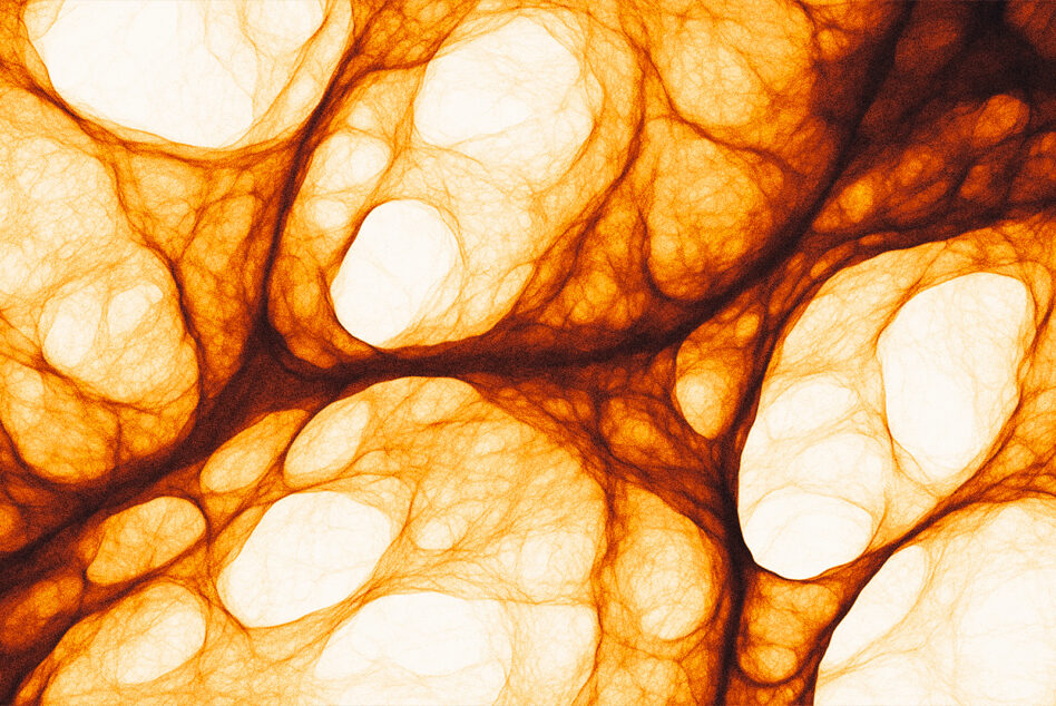 Glowing amber organic texture with white circular voids, fluid veins throughout