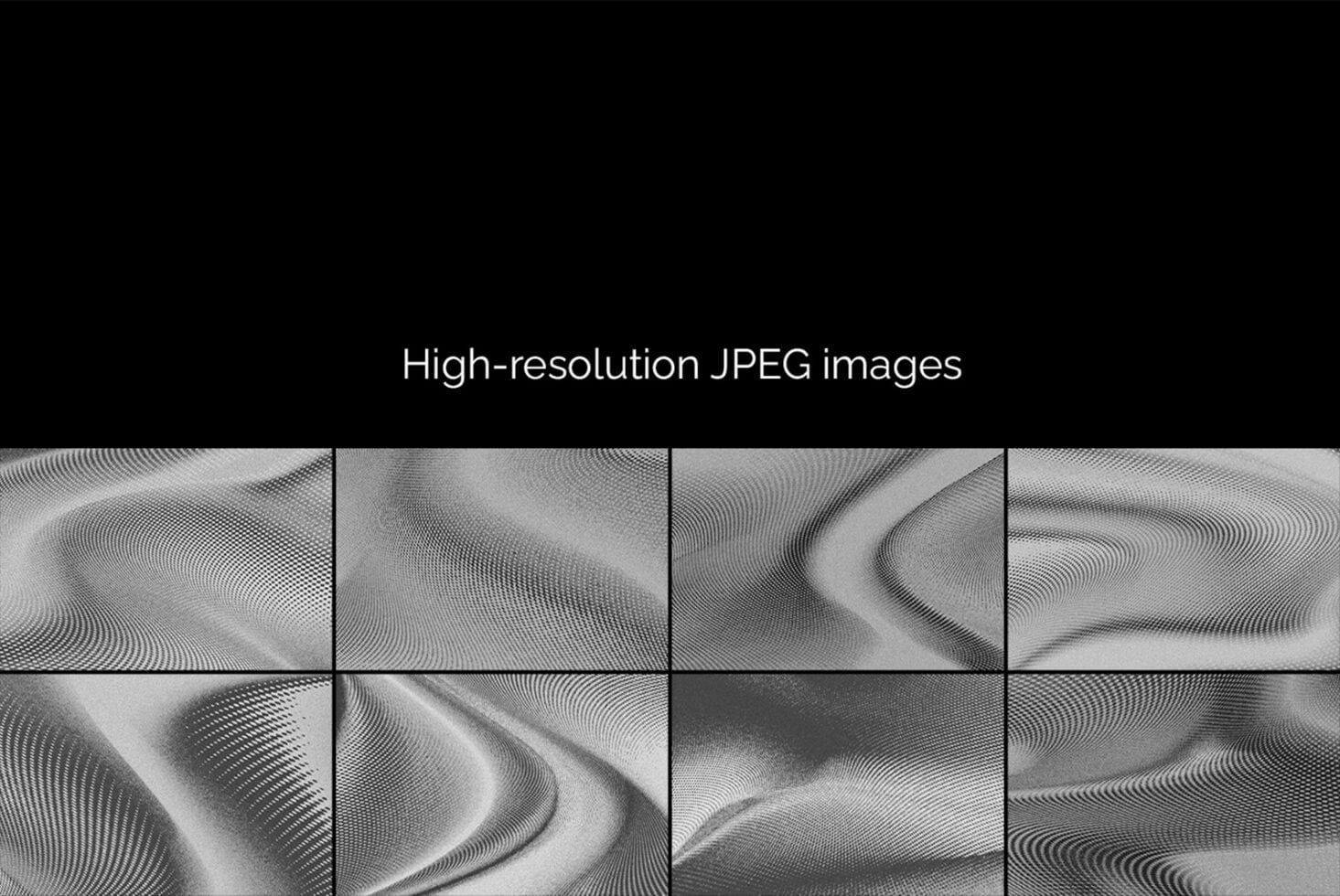 Grid of eight flowing abstract textures with wavy line patterns in black, white, plus grayscale tones