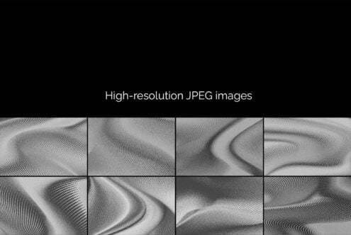Grid of eight flowing abstract textures with wavy line patterns in black, white, plus grayscale tones