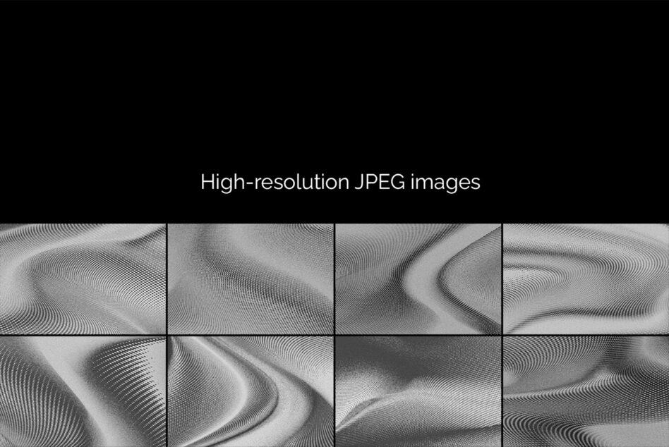 Grid of eight flowing abstract textures with wavy line patterns in black, white, plus grayscale tones