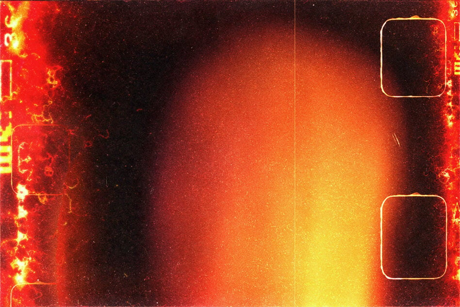 Fiery neon gradient background with glowing red orange yellow edges, two rounded rectangle frames on right side
