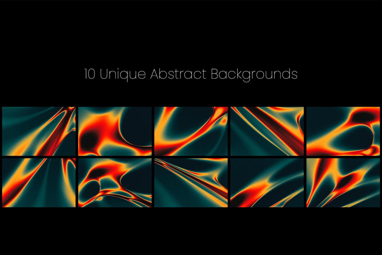 Grid of 10 neon liquid backgrounds with red, orange, yellow swirls on dark teal