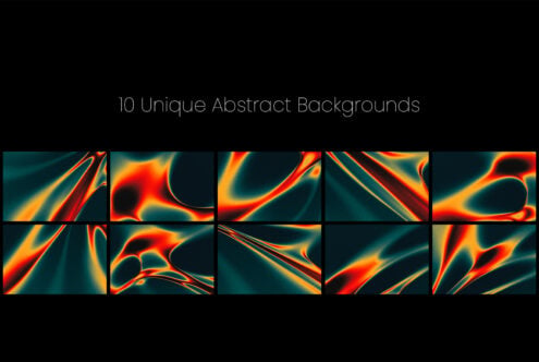 Grid of 10 neon liquid backgrounds with red, orange, yellow swirls on dark teal