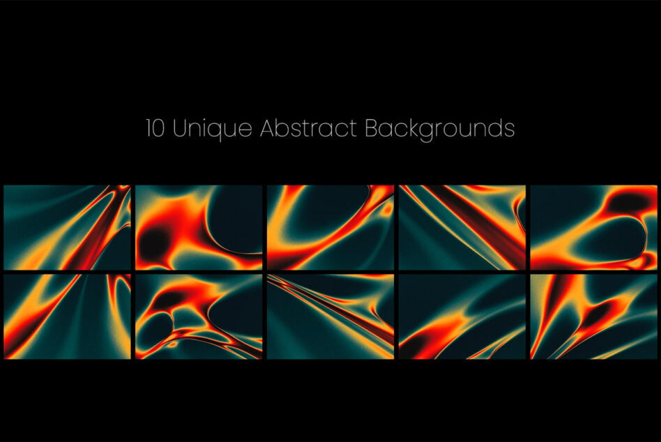 Grid of 10 neon liquid backgrounds with red, orange, yellow swirls on dark teal