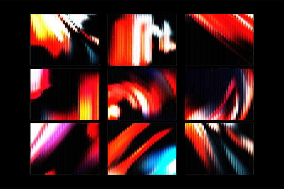 Vibrant glitch art textures with red, yellow, blue streaks on black backgrounds