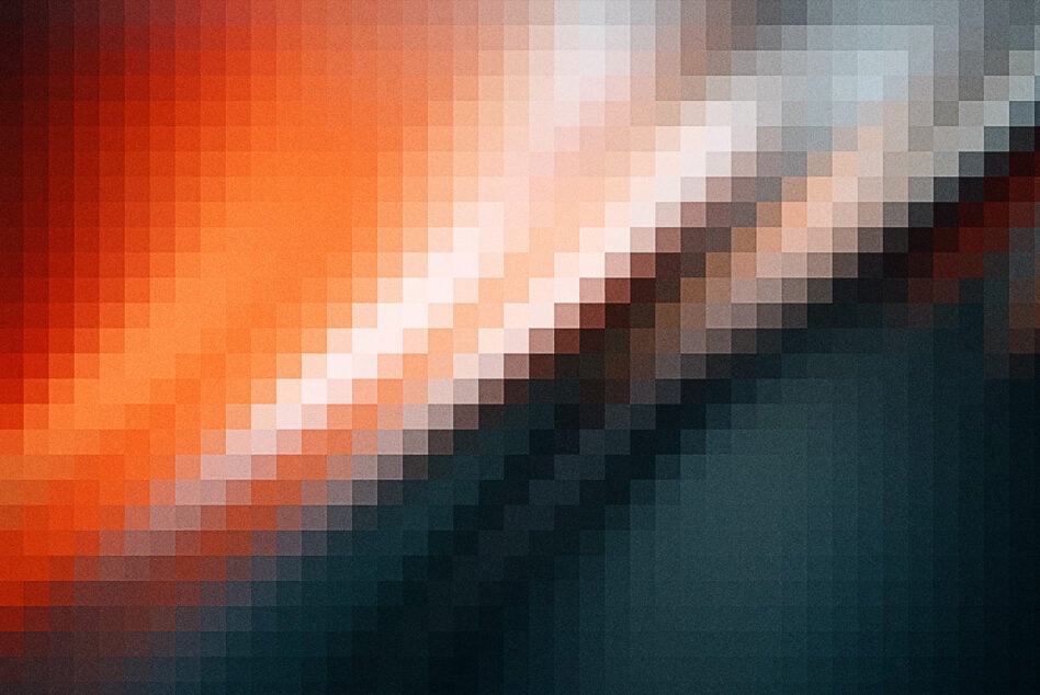 Pixelated color gradient transitioning from vibrant orange to deep teal with diagonal wave pattern