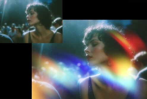 Cinematic portrait with prismatic light leaks, moody blue-green tones, blurred crowd scene