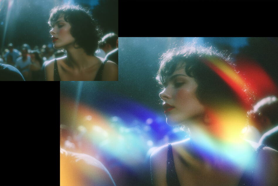 Cinematic portrait with prismatic light leaks, moody blue-green tones, blurred crowd scene