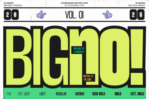 Bigno display typeface vol. 01 in neon yellow with black inktrap outlines