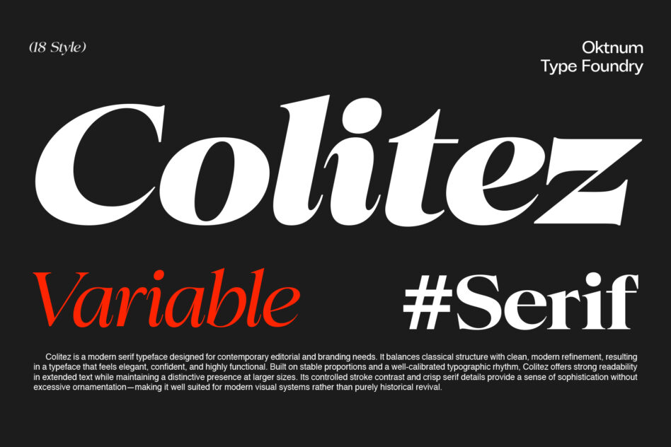 Colitez serif typeface displayed in white on dark background with variable weight samples