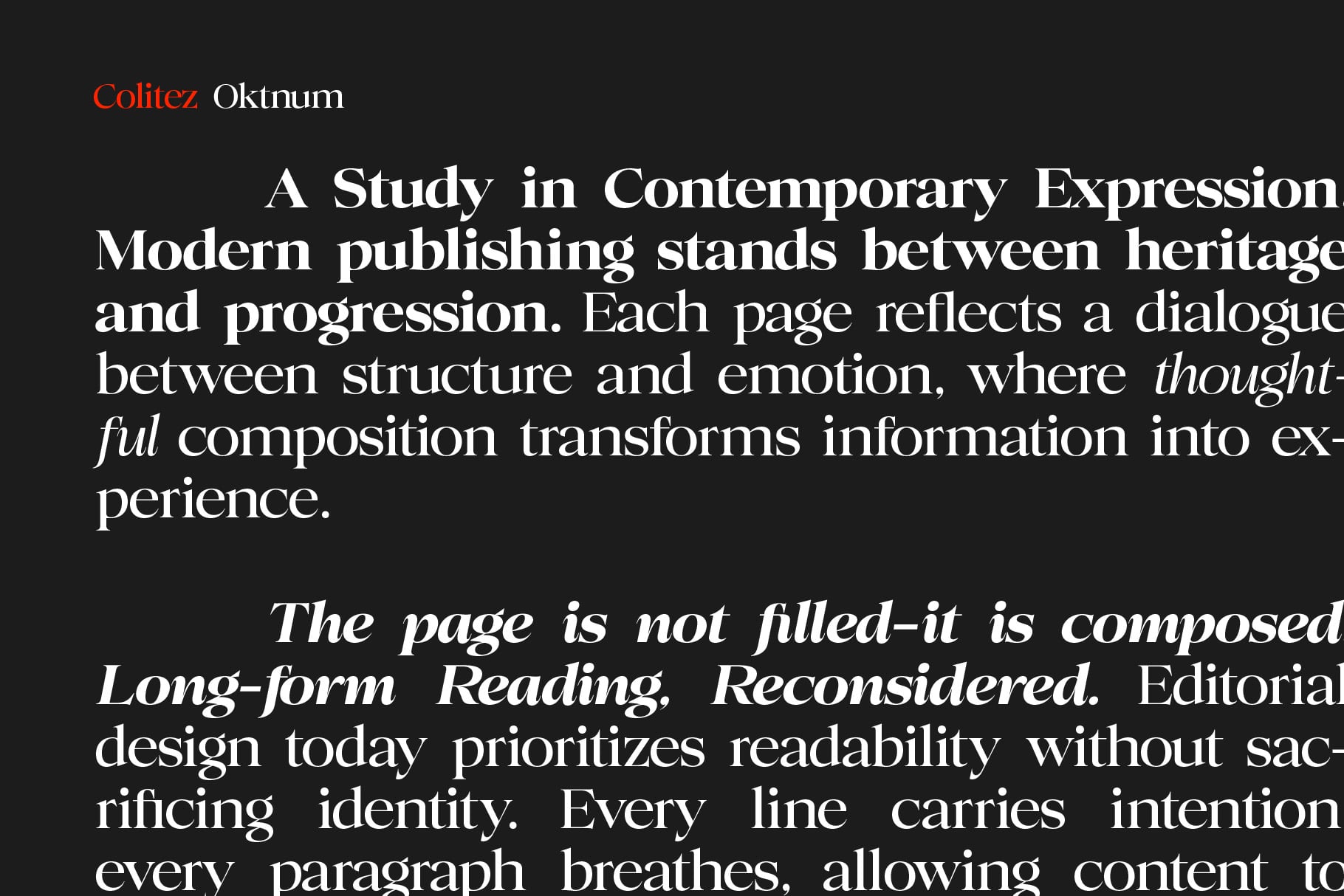 Colitez Oktnum serif font paired with modern editorial layout on dark background