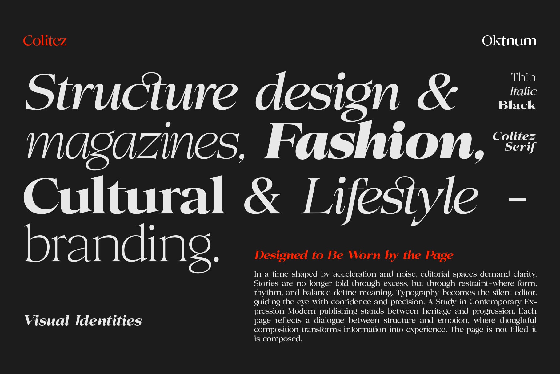 Elegant serif typeface specimen showing Colitez in multiple styles on dark background