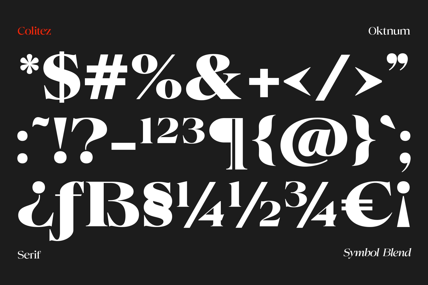 Colitez serif font specimen showing ornate symbols, numerals, currency, punctuation on dark background