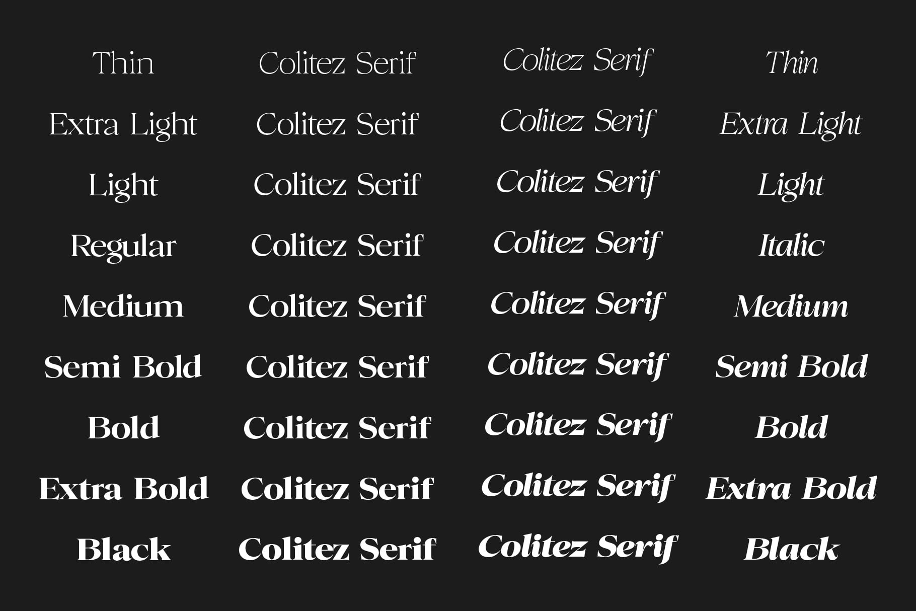 Colitez Serif font family showing all weights from thin to black on dark background