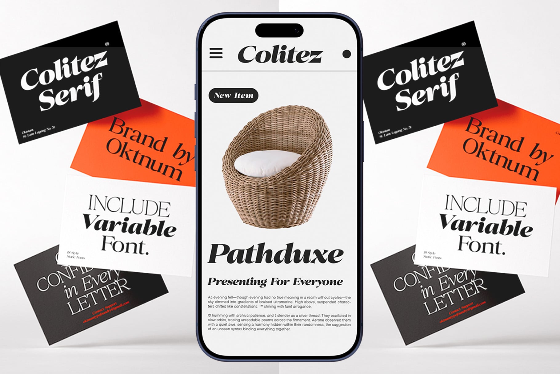 iPhone mockup showing Colitez Serif font with woven basket product, surrounded by brand collateral samples