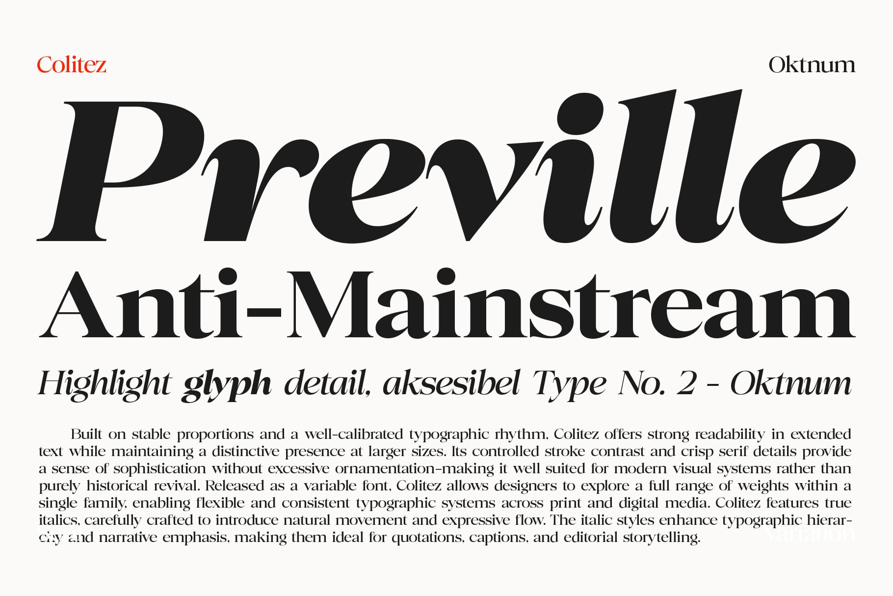 Colitez serif font preview showing bold italic typeface with glyph details