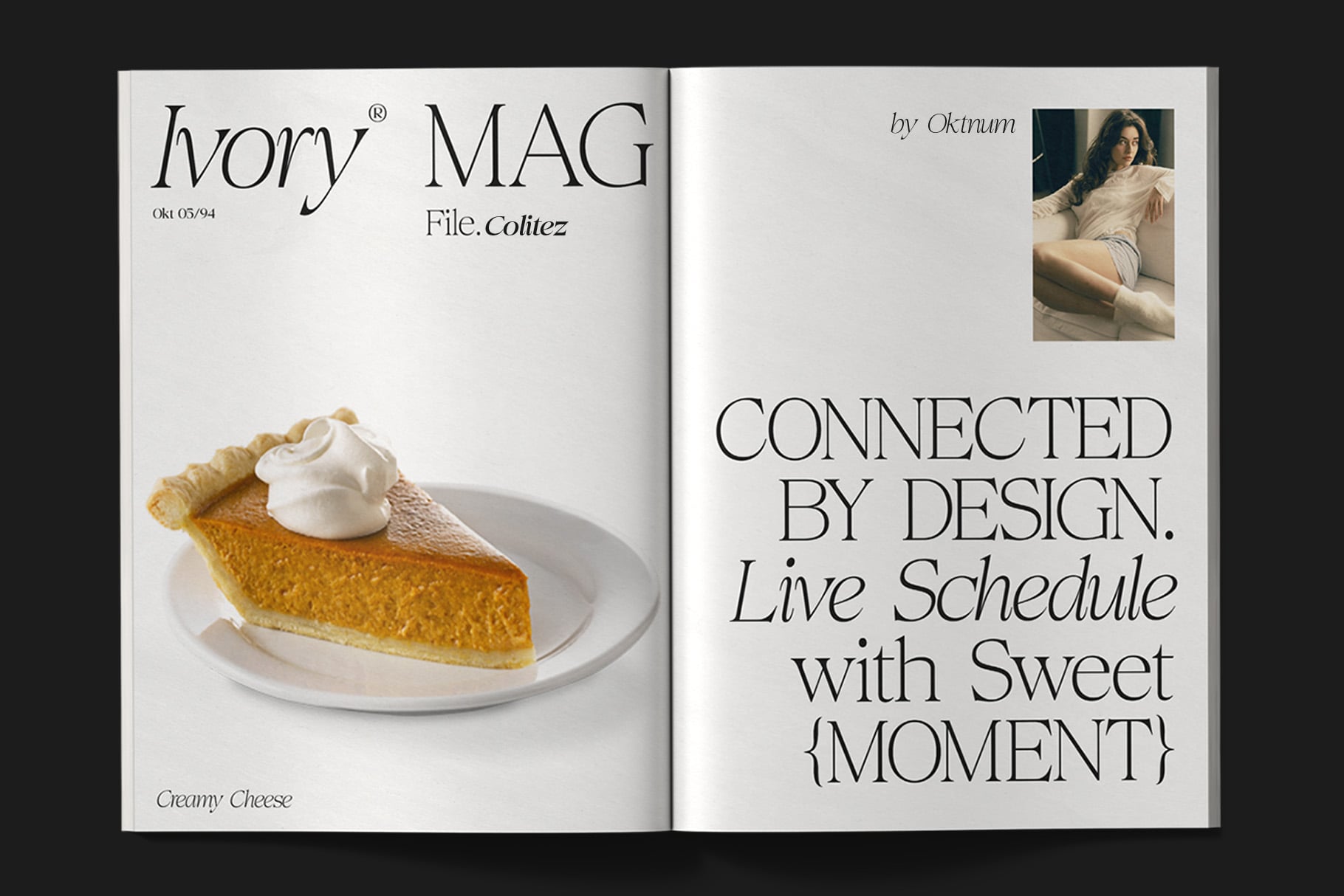 Open magazine spread with pumpkin pie slice on left, lifestyle photography on right with serif typography