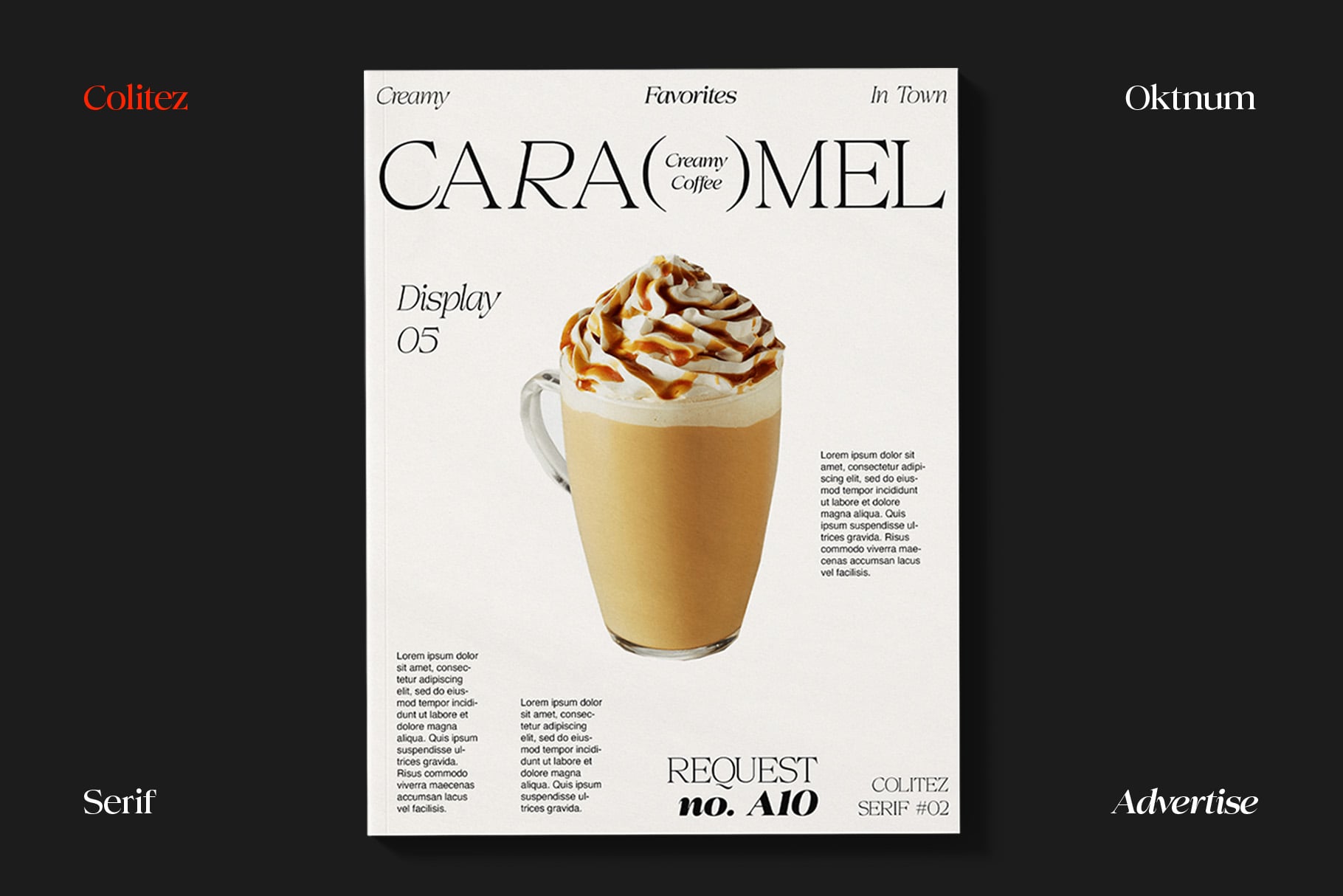 Caramel coffee poster mockup with cream topping, menu layout, typography samples