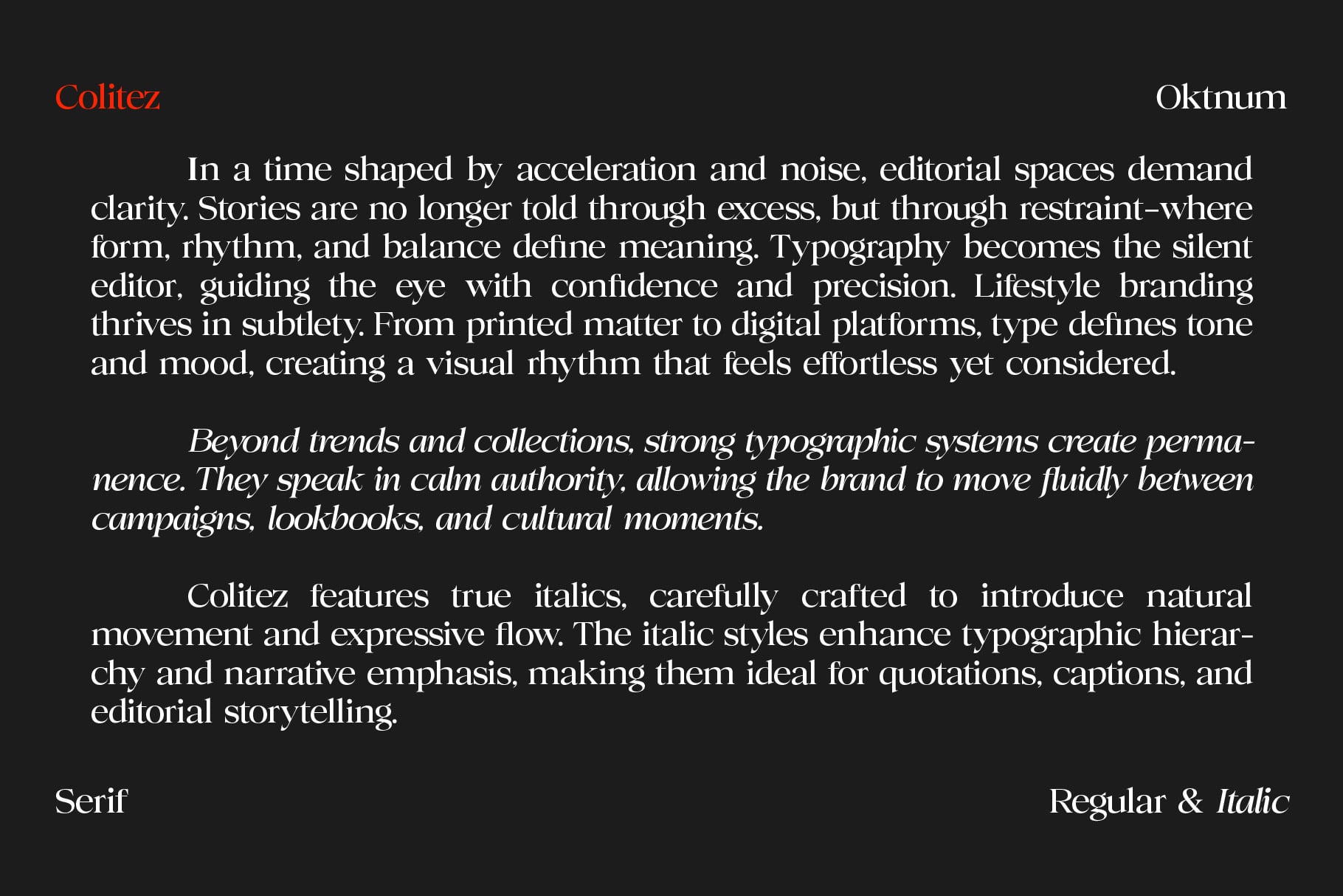 Colitez serif font displayed in regular plus italic styles on dark background