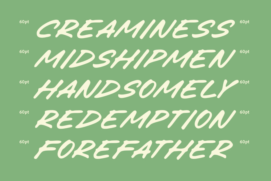 Italic cream typeface on sage green background showing five sample words at 60pt size