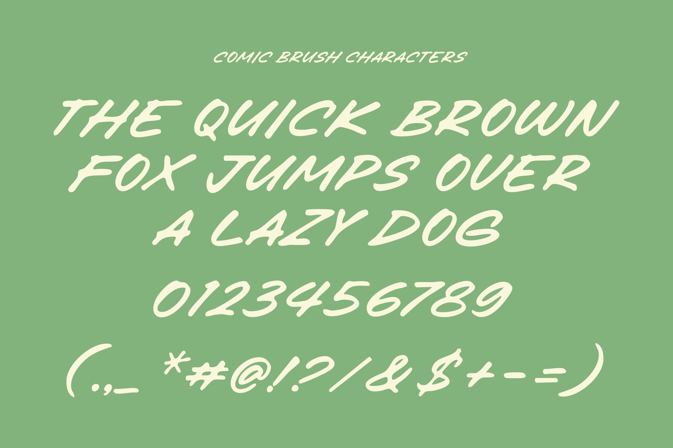 Comic brush font with playful italic letters, numbers, symbols on soft sage green background