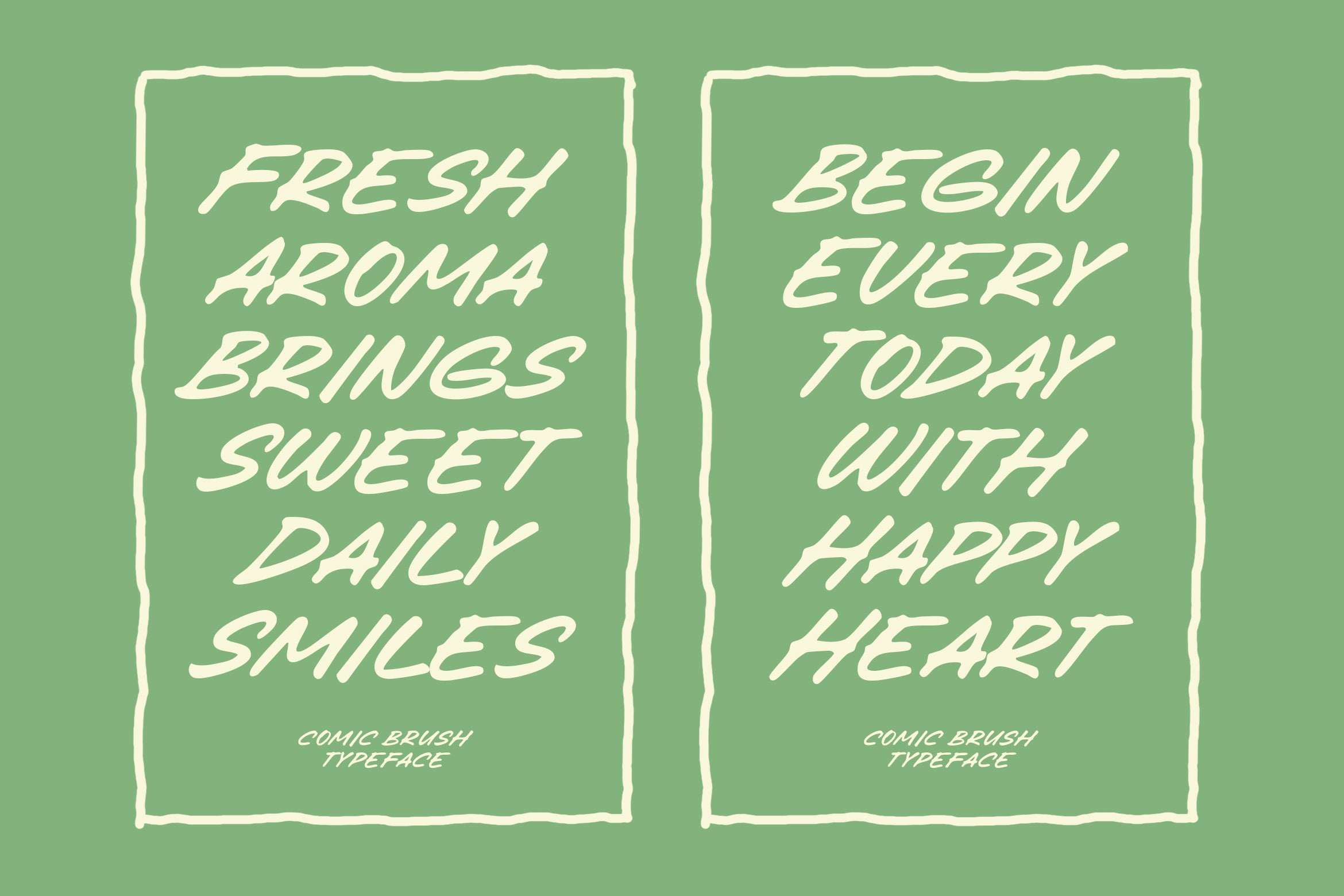 Two sage green cards with cream italic handwritten text on comic brush typeface displayed side by side