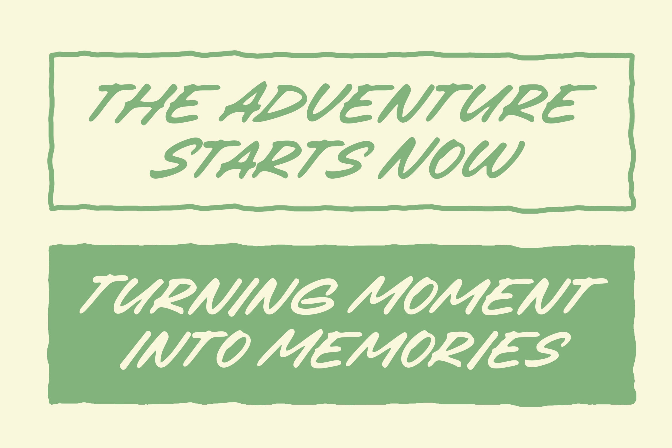 Two hand-drawn text boxes in soft green with italic lettering on cream background