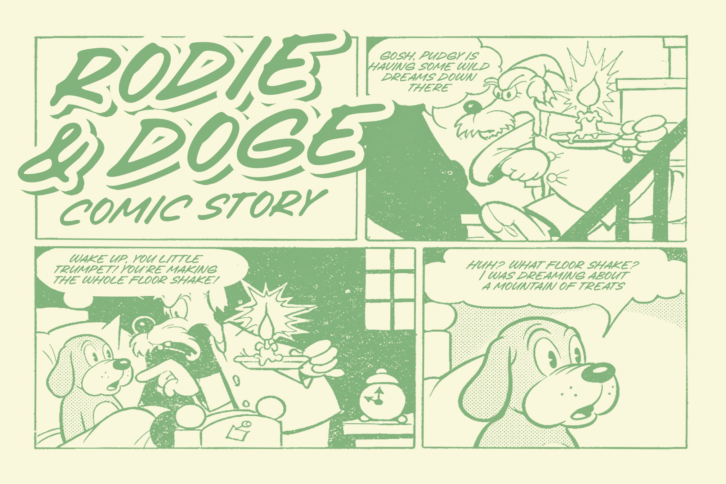 Retro comic strip with two dogs having a conversation about wild dreams, green monochrome style