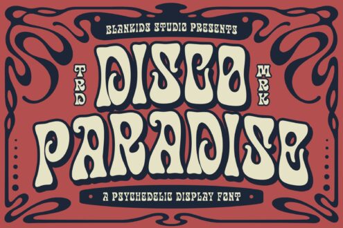 Groovy retro display font with warped letters on coral background, psychedelic vibes