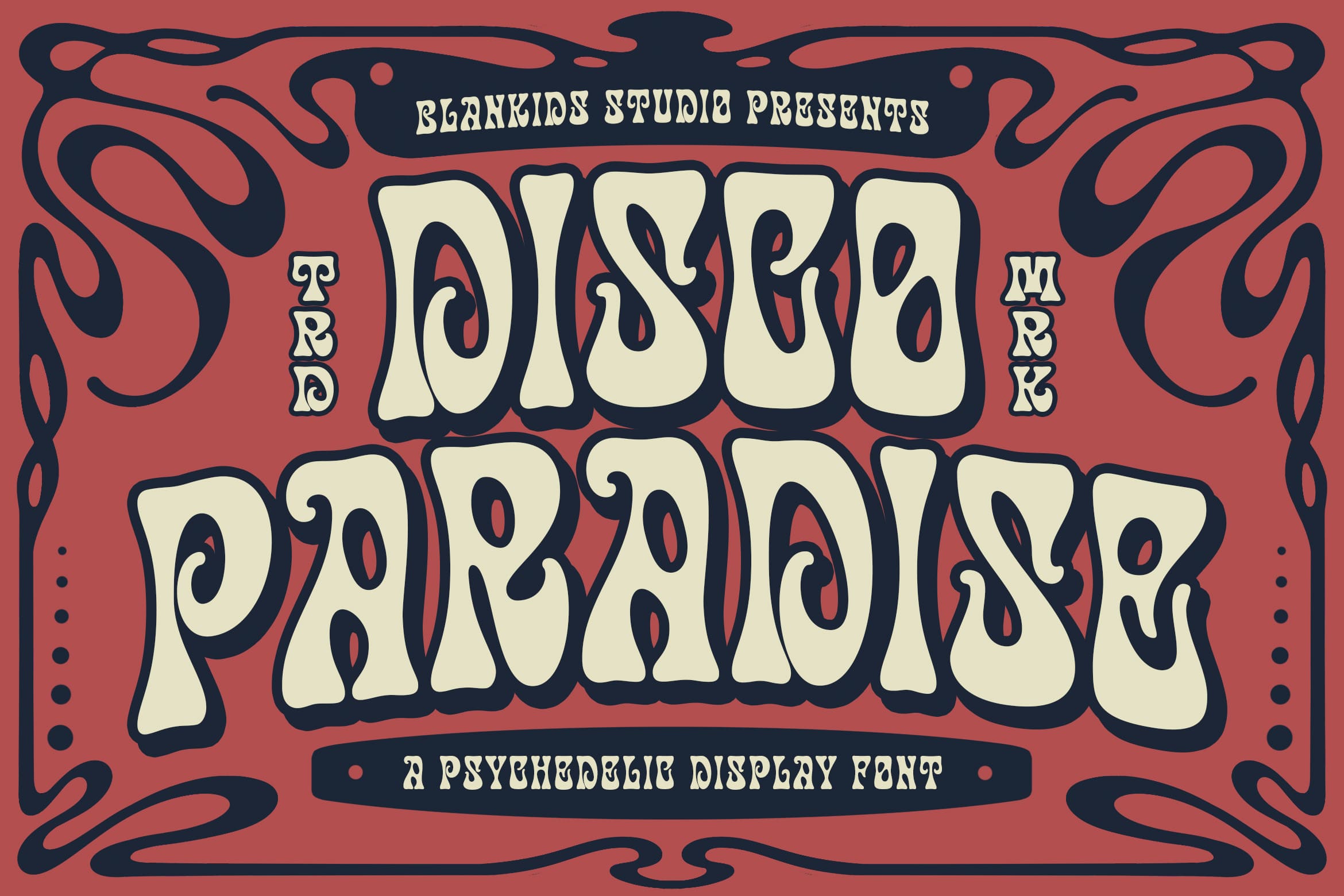 Groovy retro display font with warped letters on coral background, psychedelic vibes